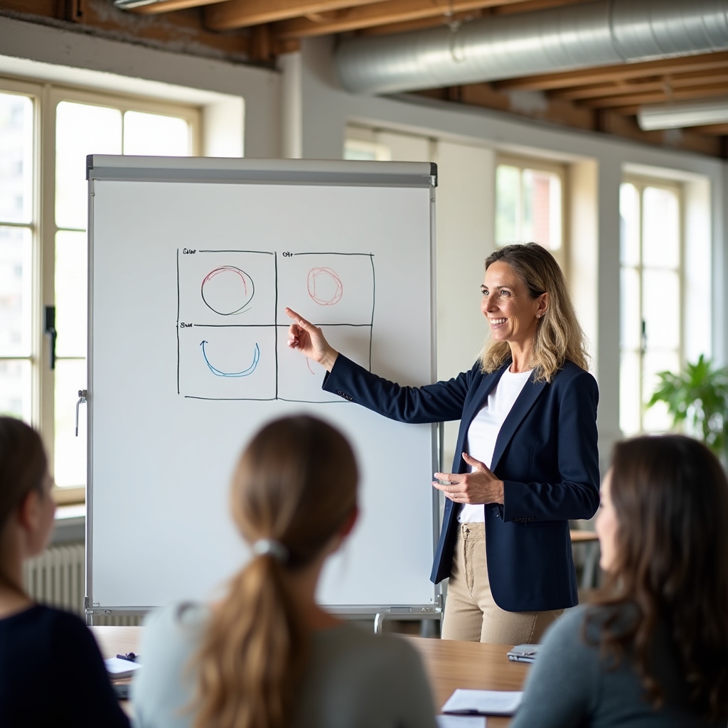 Facilitator at a whiteboard drawing a decision framework during a workshop session