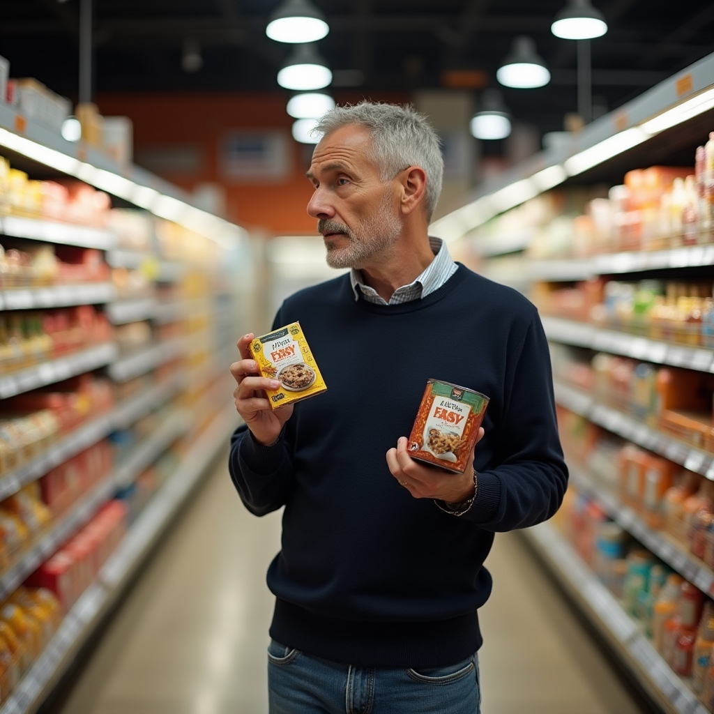Person pausing thoughtfully in a grocery store aisle, examining products