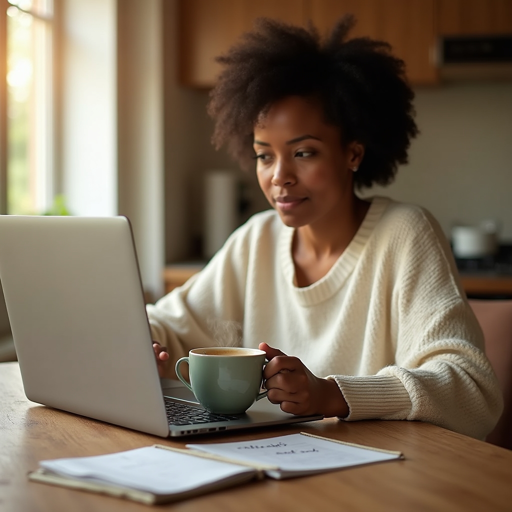Person at a desk reviewing subscription services on a laptop in a home office setting